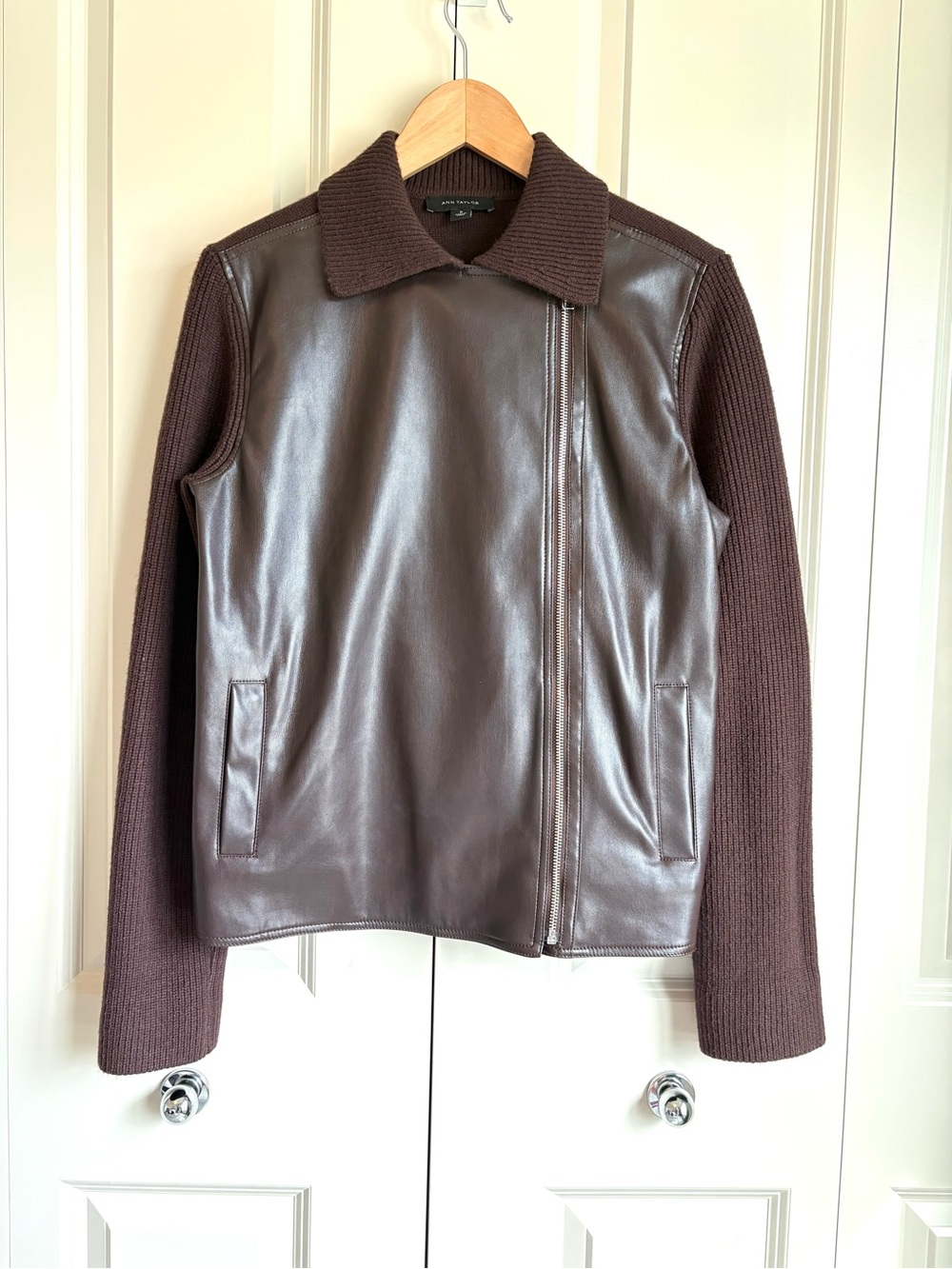 Ann Taylor Brown Mixed Media Moto Jacket | Faux Leather & Knit | Size M